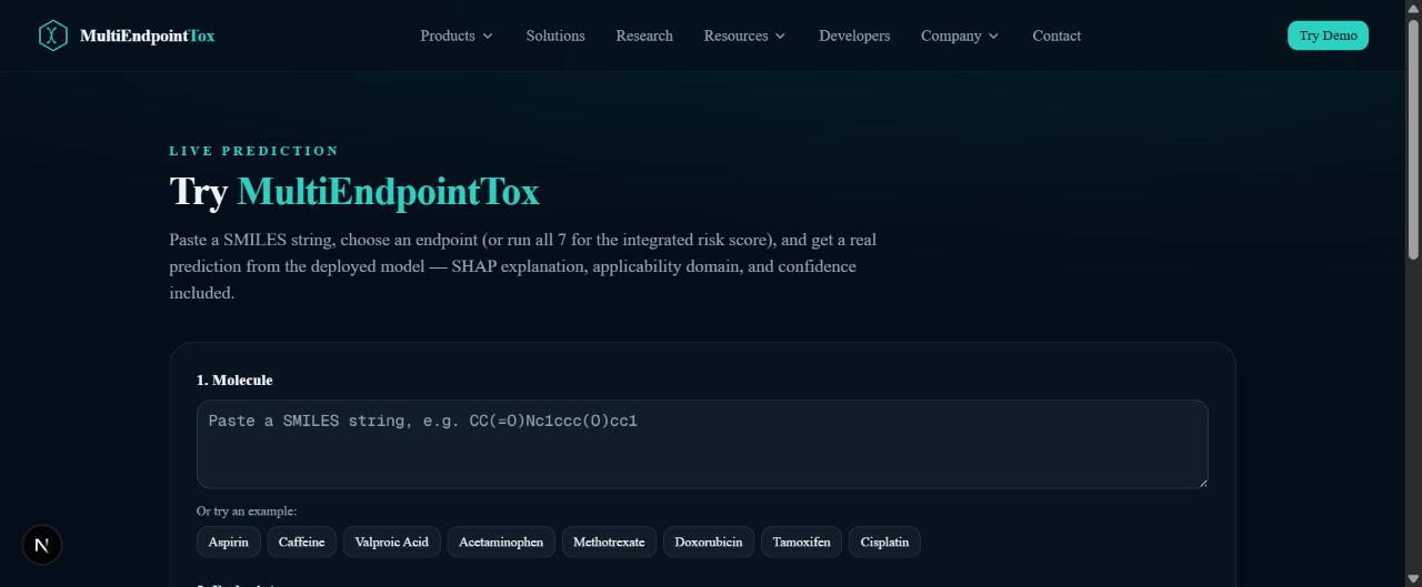 MultiEndpointTox live prediction page